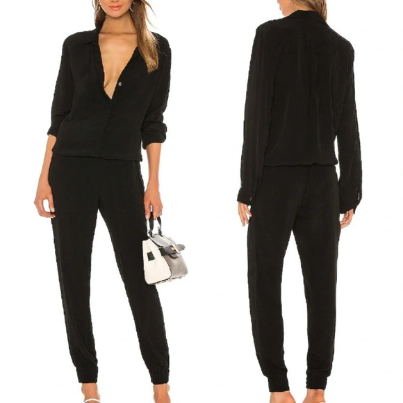 Monrow Crepe Long Sleeve Jumpsuit in Black - Picture 1 of 13